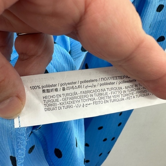 Y2K ZARA Blue-black polka-satin Deep V lace up ruffle coquette satin blouse S - Picture 8 of 10